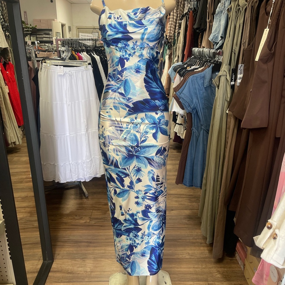 Blue Floral Cowl Neck Maxi Dress